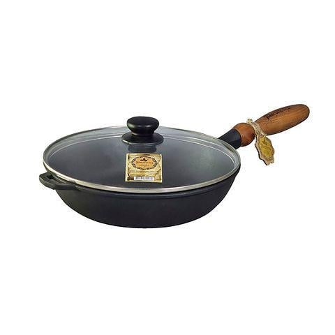 Сковорідка чавунна Maysternya з кришкою та дерев'яною ручкою 24 см (T304)