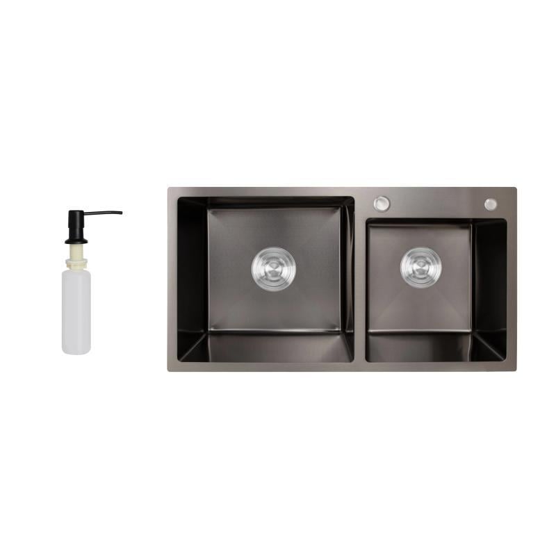 Мойка для кухни с двумя чашами интегрированная Lidz Handmade H7843 LDH7843BPVD45586 Brushed Black PVD 3,0/1,0 мм