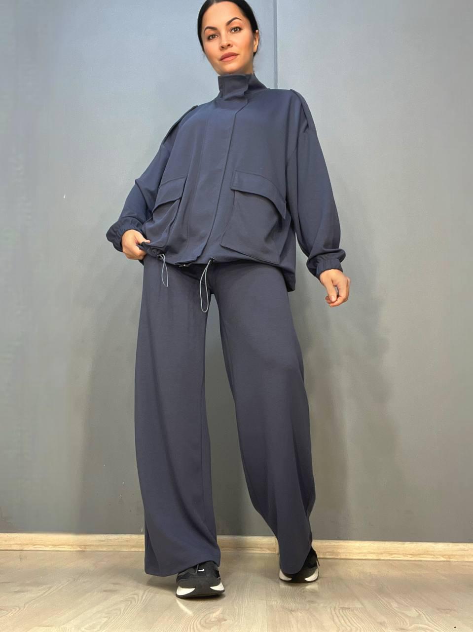 Костюм женский CREP 99231 ткань бифлекс кардиган и брюки палаццо S Графитовый (1463) - фото 4 Костюм женский CREP 99231 ткань бифлекс кардиган и брюки палаццо S Графитовый (1463) - фото 4