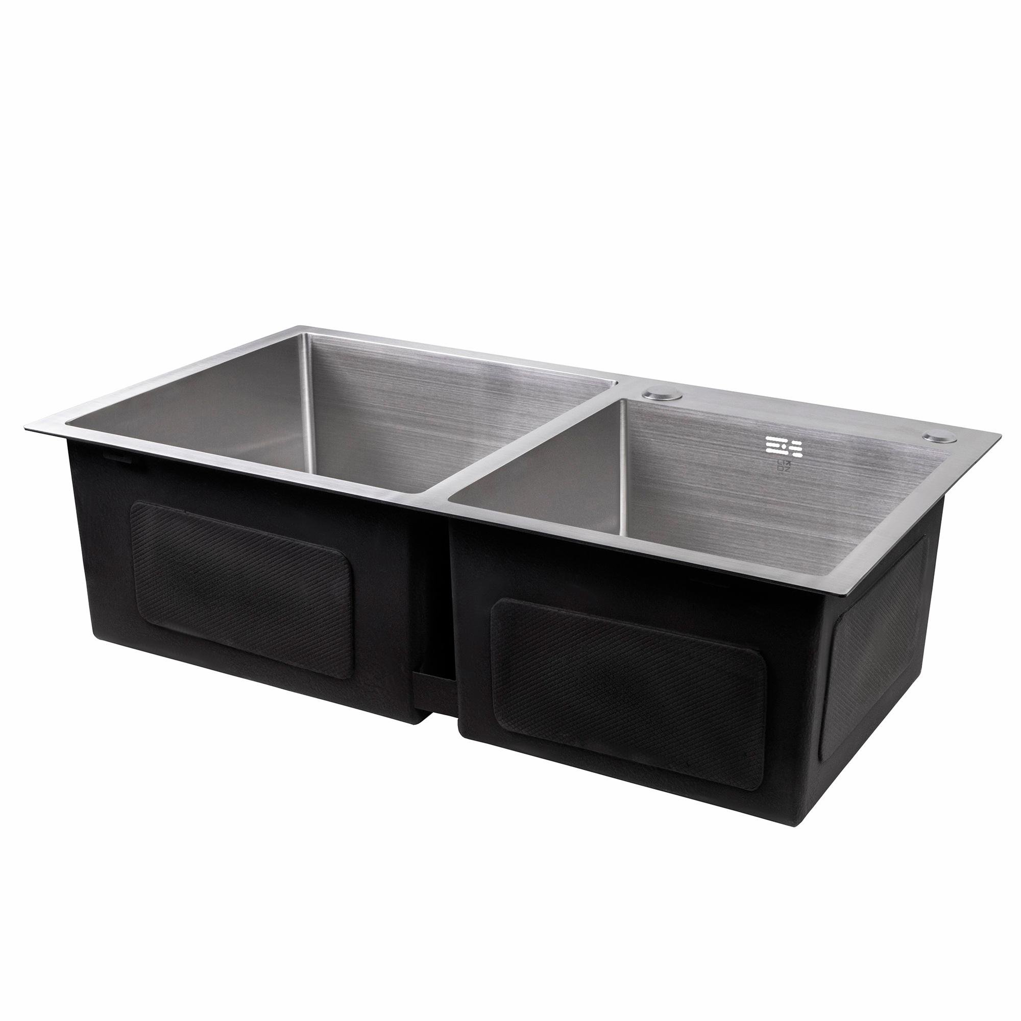 Мийка для кухні інтегрована Lidz Handmade H7843 Brushed Steel з двома чашами та дозатором 3/1 мм (31022596) - фото 2