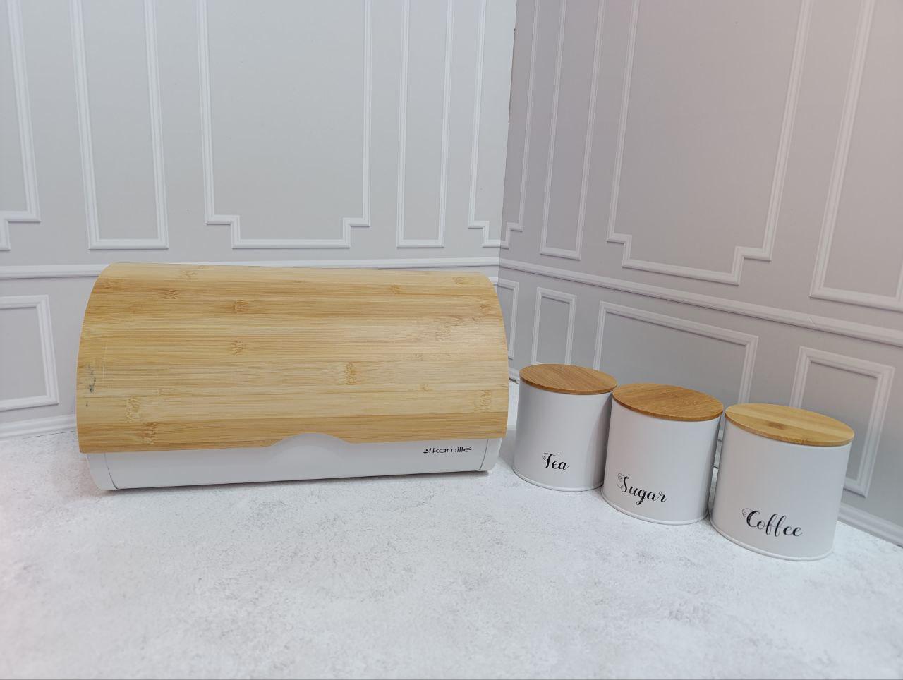 Хлебница Kamille с деревянной крышкой и 3 банками для хранения 39х25х21см Белый (KM-1121)