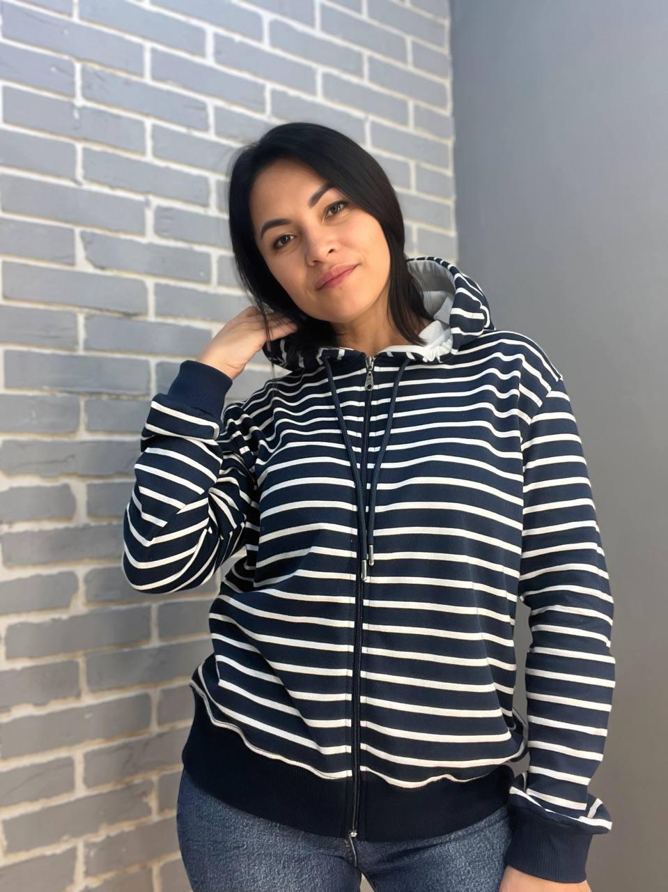 Толстовка жіноча PEPPER MINT 24-01 в смужку на блискавці з капюшоном OS Темно-синій (1375) - фото 1