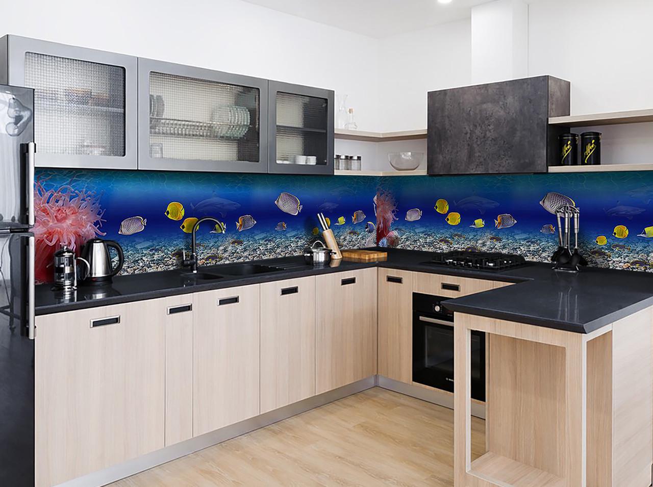 Кухонный фартук Аквариум/Желтые рыбки/Морское дно 60х300 см Синий