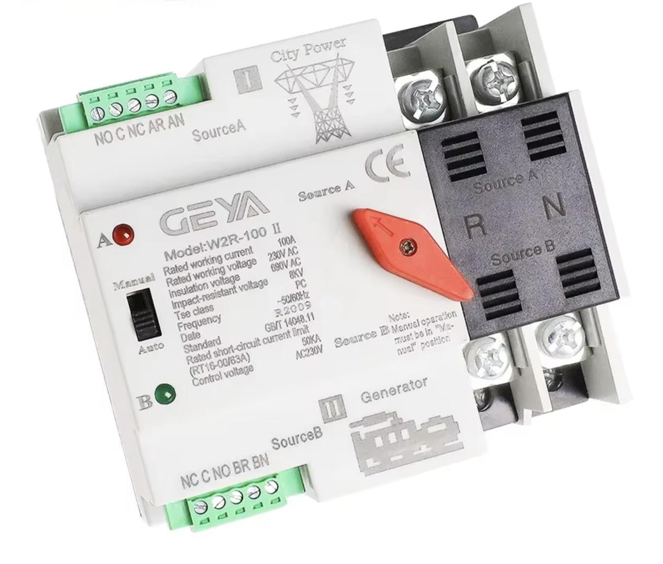 Автомат ввода резерва Geya W2R-2P-100 All-in-One автоматическое и ручное переключение 2P 100 А DIN-рейка