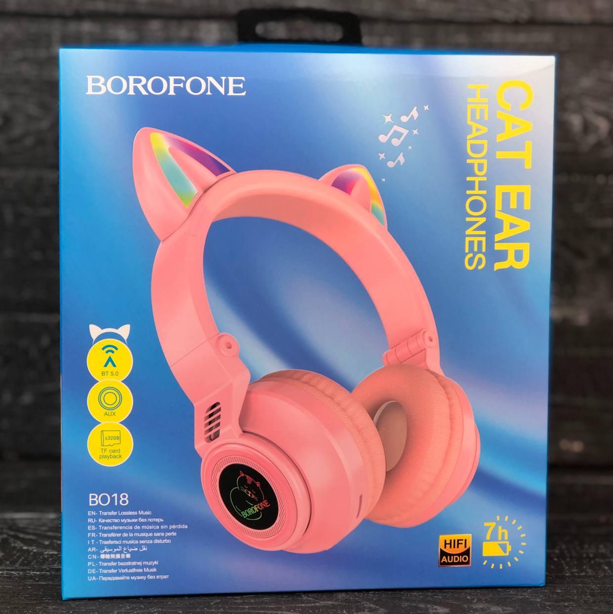 Навушники бездротові Borofone BO18 Cat LED BT з кото вушками Рожевий (1790386840)