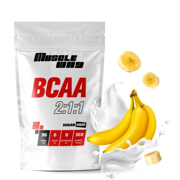 Комплекс аминокислот для роста мышц и сушки MuscleWay ВСАА 2:1:1 Sugar Free Банан в порошке на 50 порций 500 г (21-125-bcaa-mw-rs500.b) - фото 1