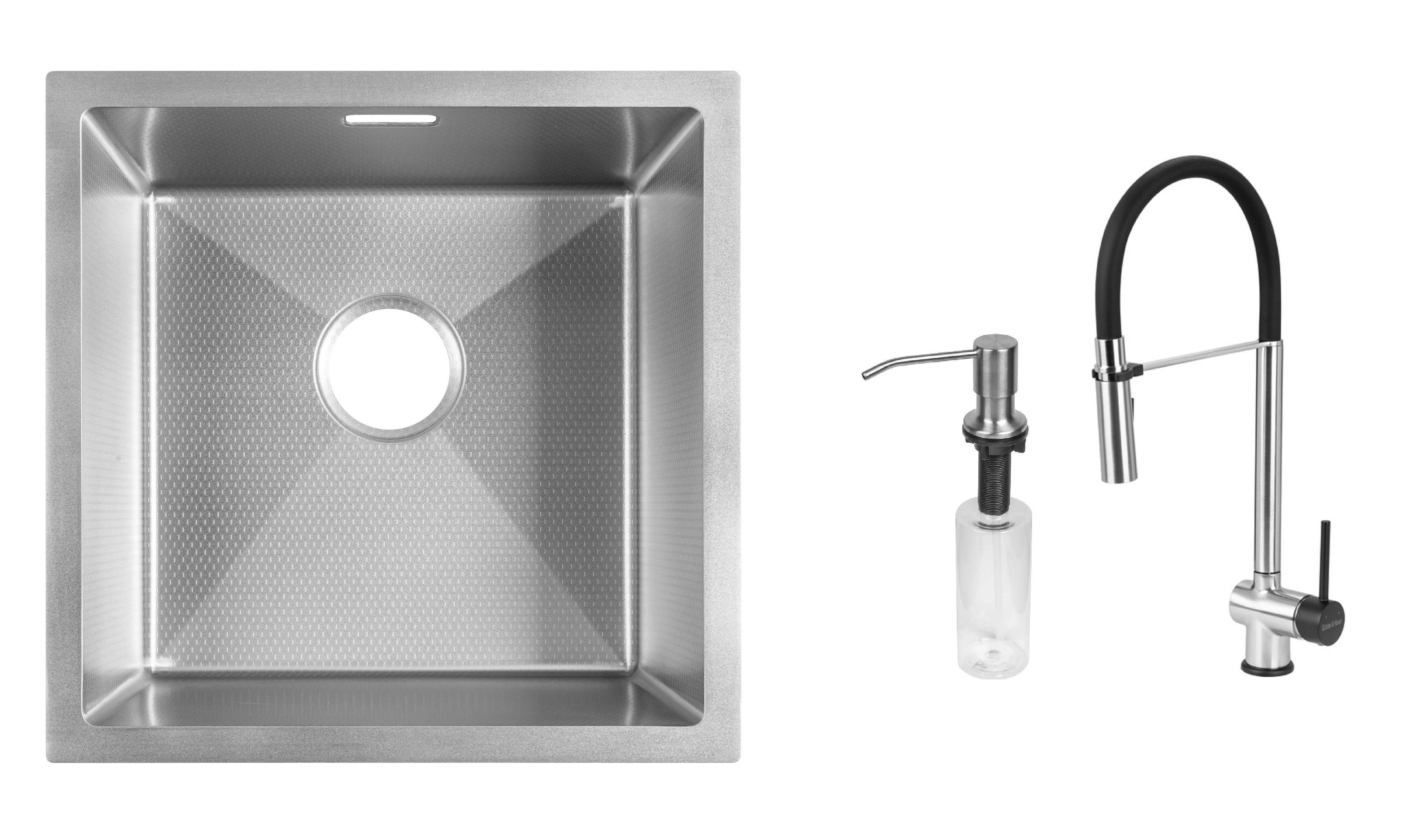 Комплект из кухонной мойки Gunter&Hauer Olef 4522 Inox Honey/смесителя EDEL Brush Black и дозатора SOAP DISPENSER Inox (71332)