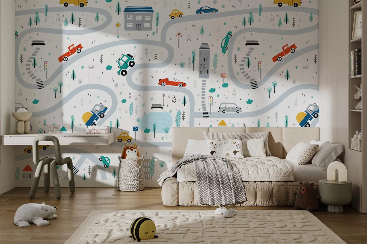 Фотообои флизелиновые Styleo Лабиринт с машинками u19938 400х250 см Бело-серый