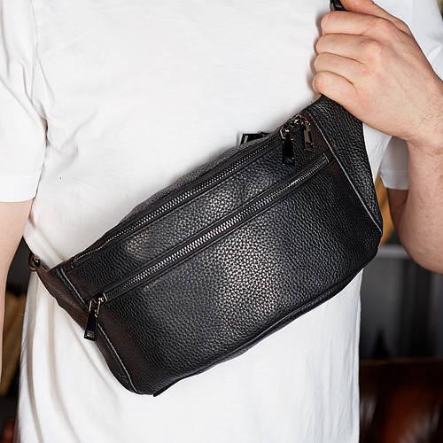 Чоловіча сумка-бананка Tiding Bag на два відділення з натуральної шкіри Чорний (2354)