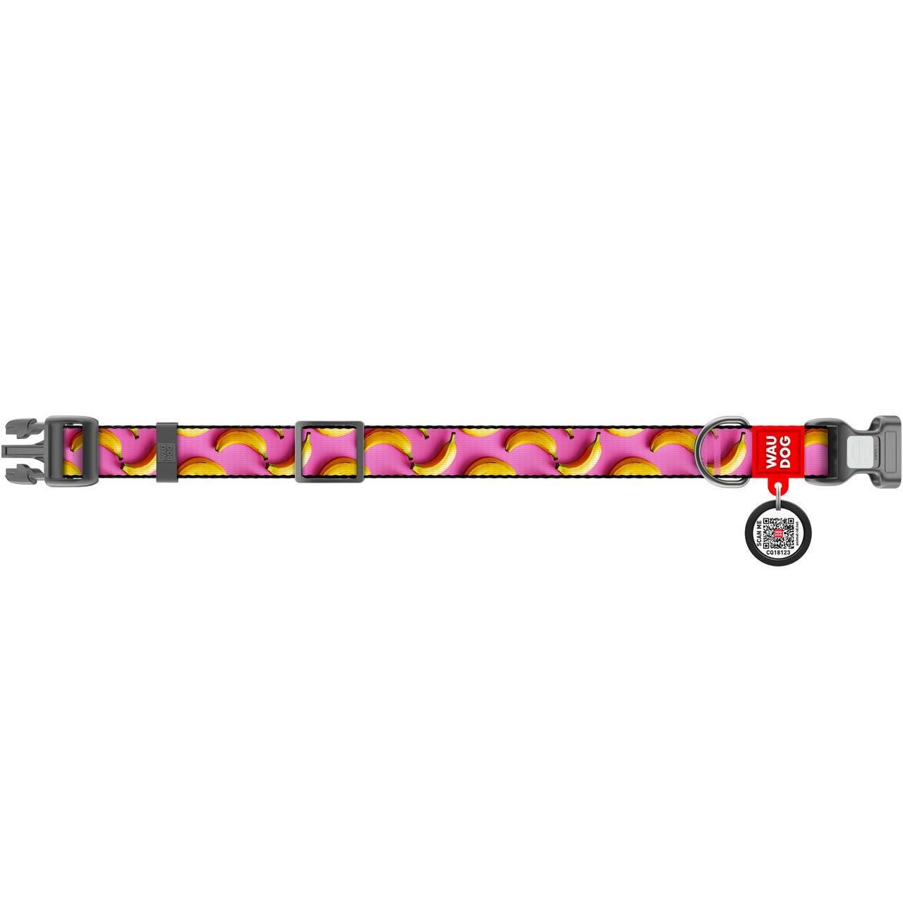 Нашийник для собак нейлоновий Waudog Nylon Банани з QR паспортом/пластиковий фастекс M 28-40 см 20 мм Рожевий (281-4055)