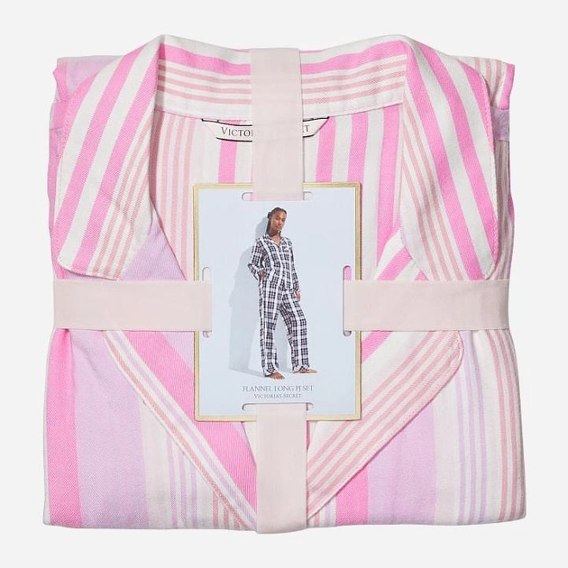 Піжама жіноча Victoria's Secret Flannel Long Pajama Set фланелева в смужку L Білий/Рожевий (15351131) - фото 4