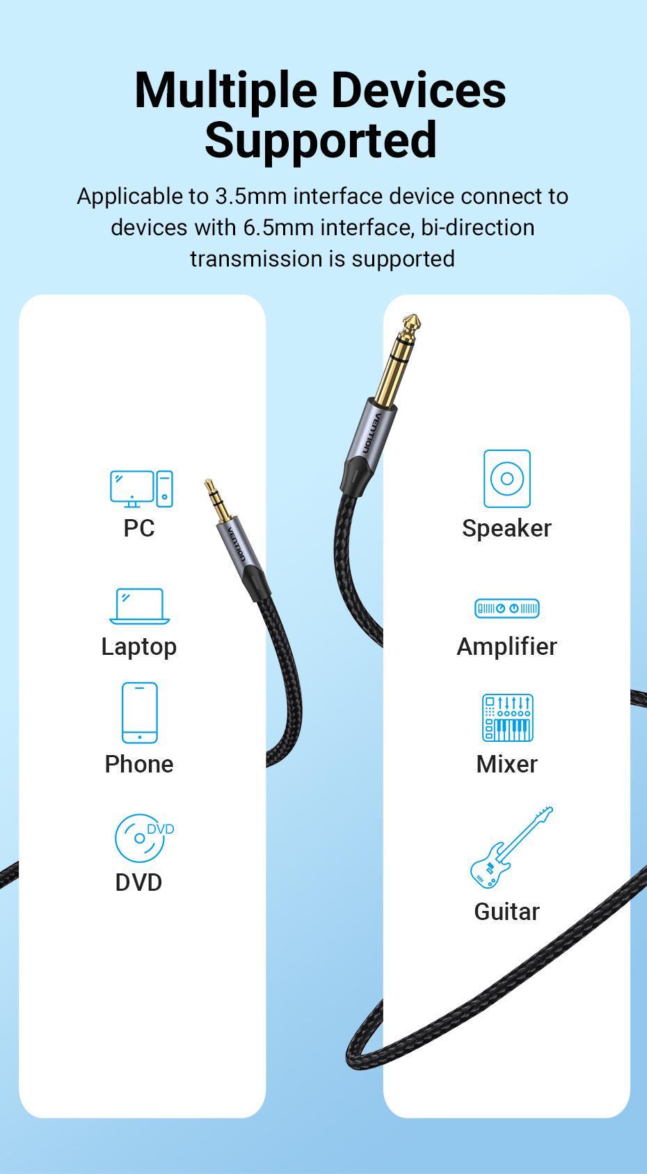 Кабель Vention 6.5 мм Jack-3.5 мм minijack HiFi стерео AUX на 6.35 мм нейлонове обплетення TRS 5 м Чорний (BAUHJ) - фото 5 Кабель Vention 6.5 мм Jack-3.5 мм minijack HiFi стерео AUX на 6.35 мм нейлонове обплетення TRS 5 м Чорний (BAUHJ) - фото 5