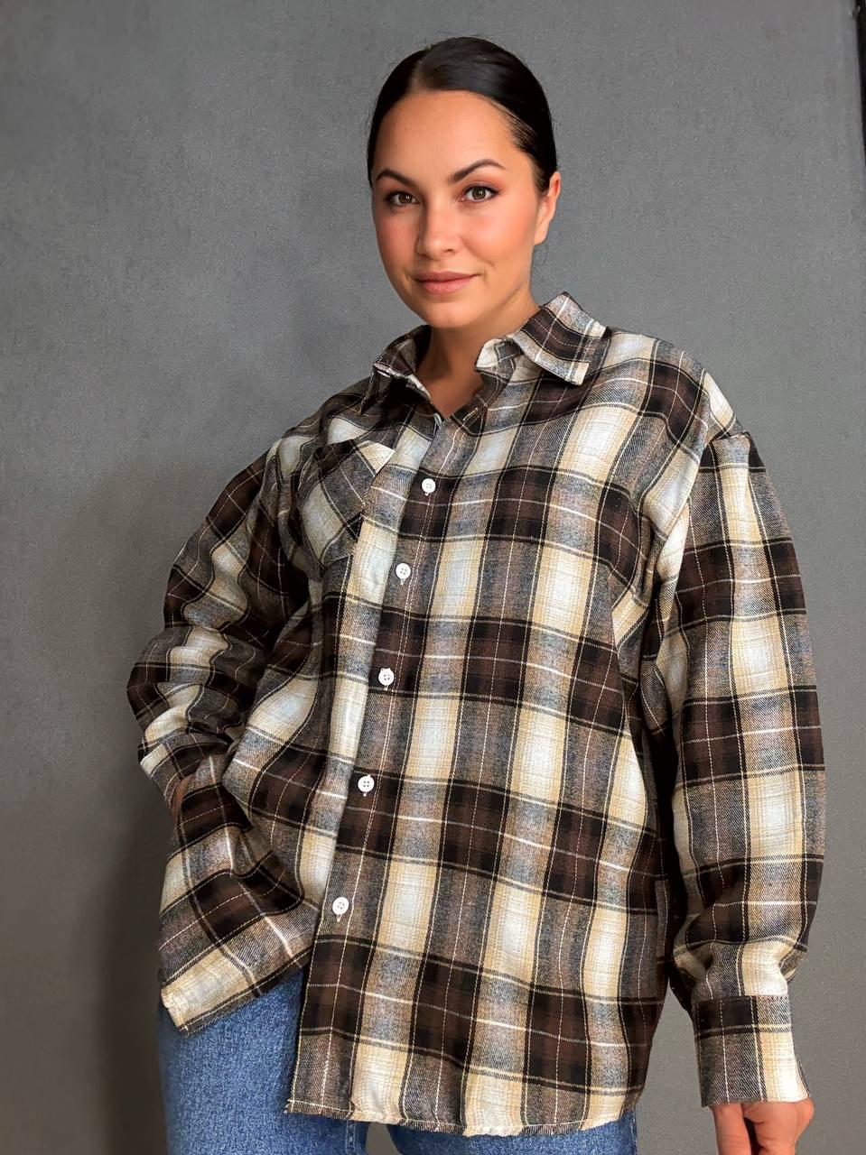 Рубашка женская Baoyu 225-1 в клетку оверсайз фланель OS Темно-коричневый (4760)