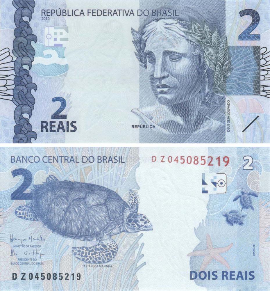 Коллекционная банкнота Бразилия 2 реала 2010 UNC P252 (Б09095)