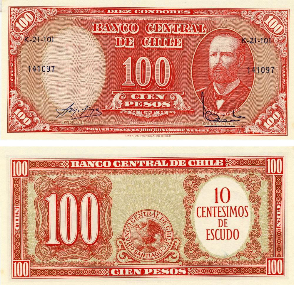 Колекційна банкнота Чилі 100 песо 1960-1961 AU-UNC Надпечатка 10 сантимів P127 (Б09648)