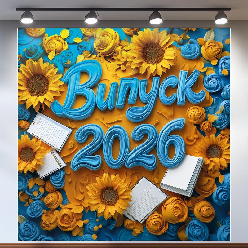 Банер для фотозони "Випуск 2026" блакитний об'ємний текст/соняшники та розкидані зошити 120x120 см №41008