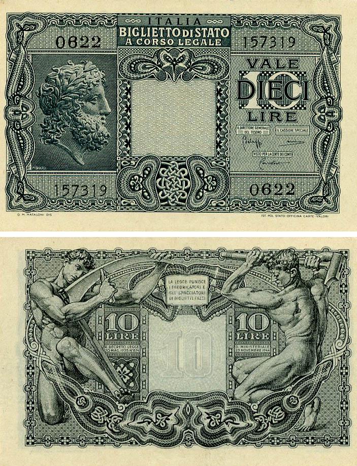 Коллекционная банкнота Италия 10 лир 1944 AU-UNC (P32c)