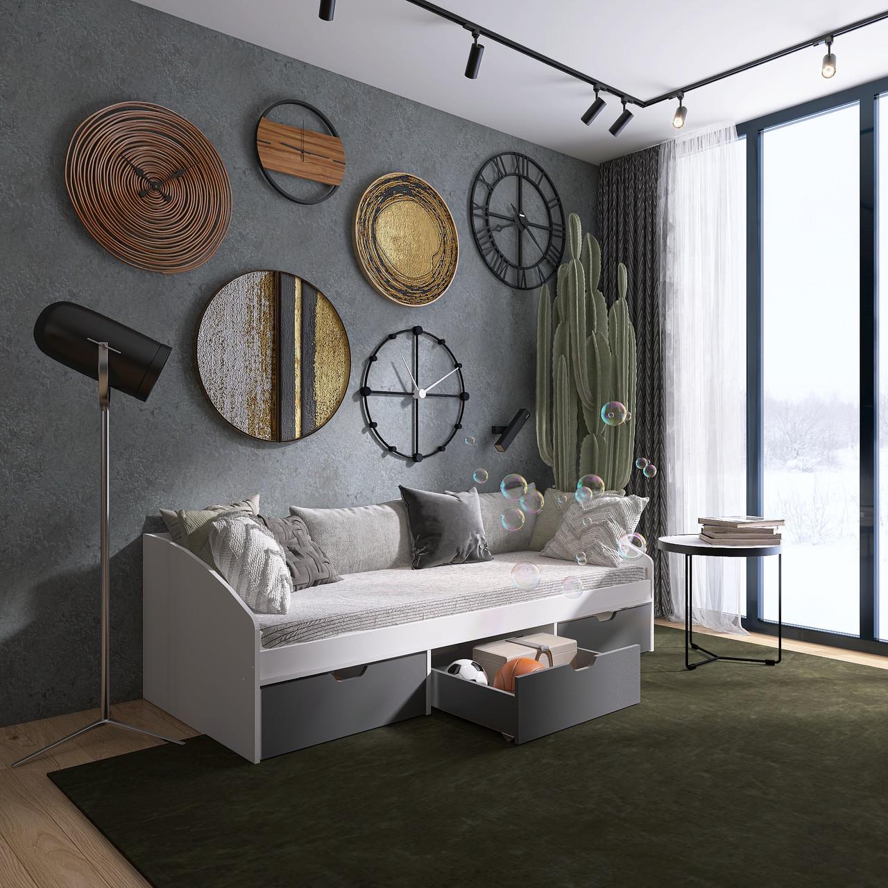 Кровать односпальная Еверест с ящиками Комфорт-3 сплошной щит 80x190 см Белый/Графитовый (EVR-20706)