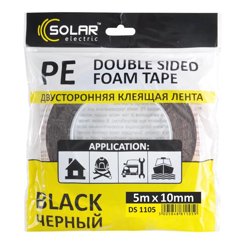 Лента клейкая двухсторонняя Solar PE 10 мм 5 м Black (30105-82b7d) - фото 1