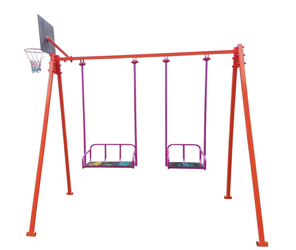 Гойдалки Спорт-3 посилені з баскетбольним кільцем і другим широким сидінням з принтом Червоний/Фіолетовий (845/кл)