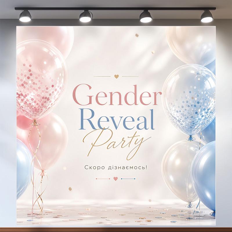 Стильный баннер для фотозоны Gender Reveal Party с воздушными шарами 200x200см, №48537