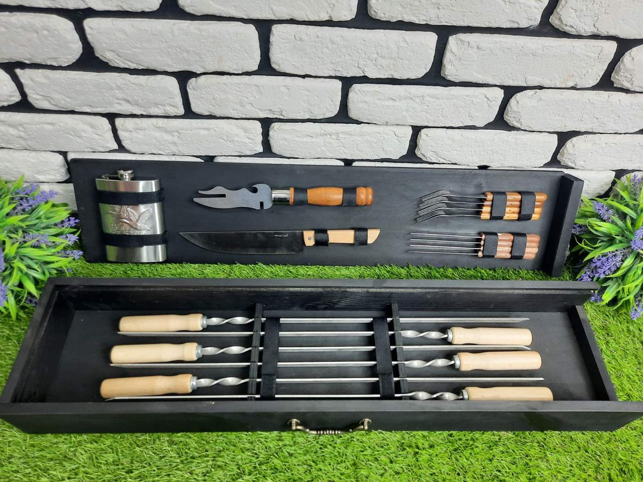 Набор шампуров для мяса с комплектом аксессуаров в деревянном кейсе 6 шт. 600х10х3 мм (12340839)