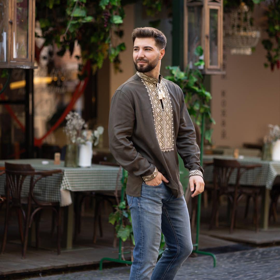 Вышиванка мужская р. 48 Хаки (563) - фото 2