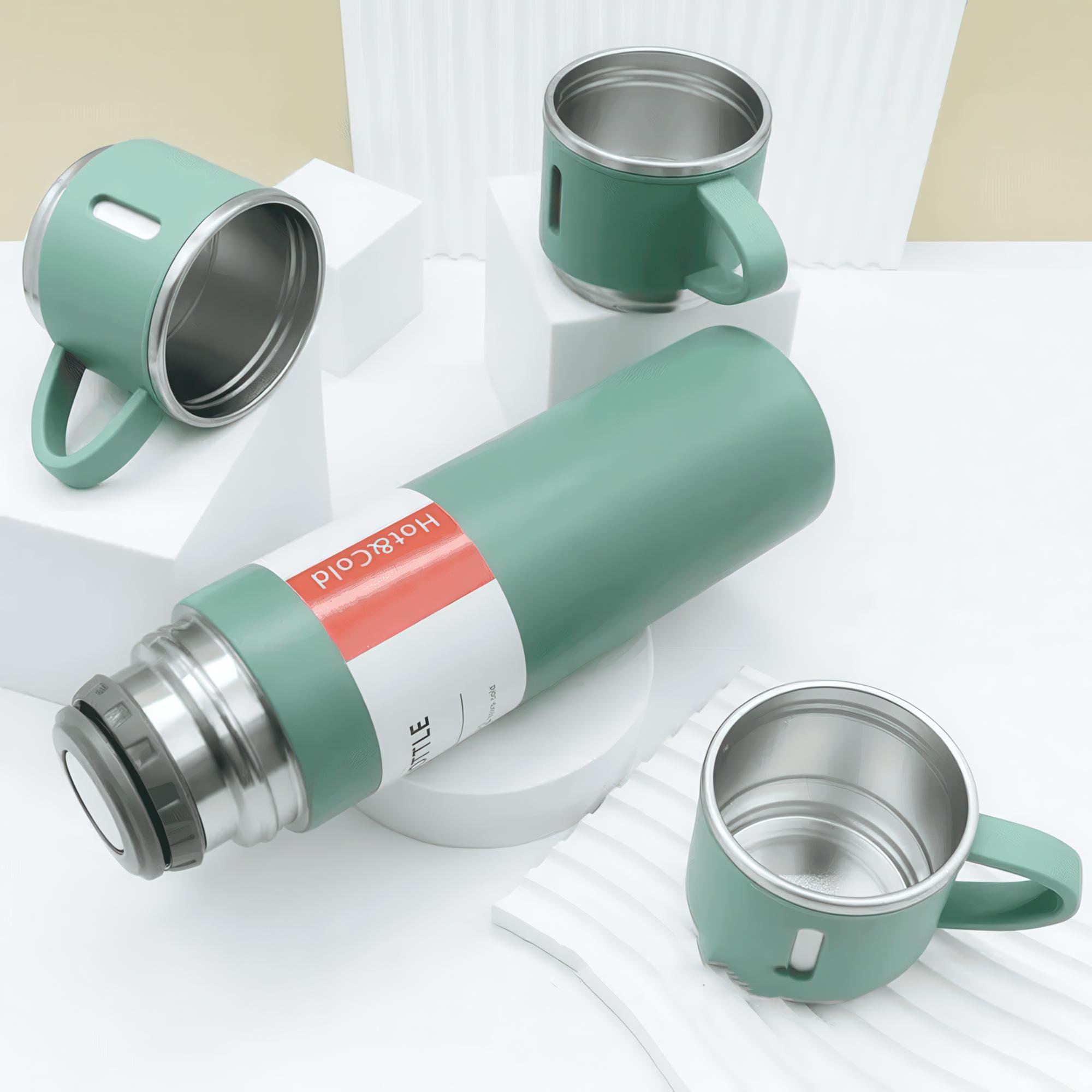 Термос с 3 кружками для чая и кофе 500 мл Зеленый