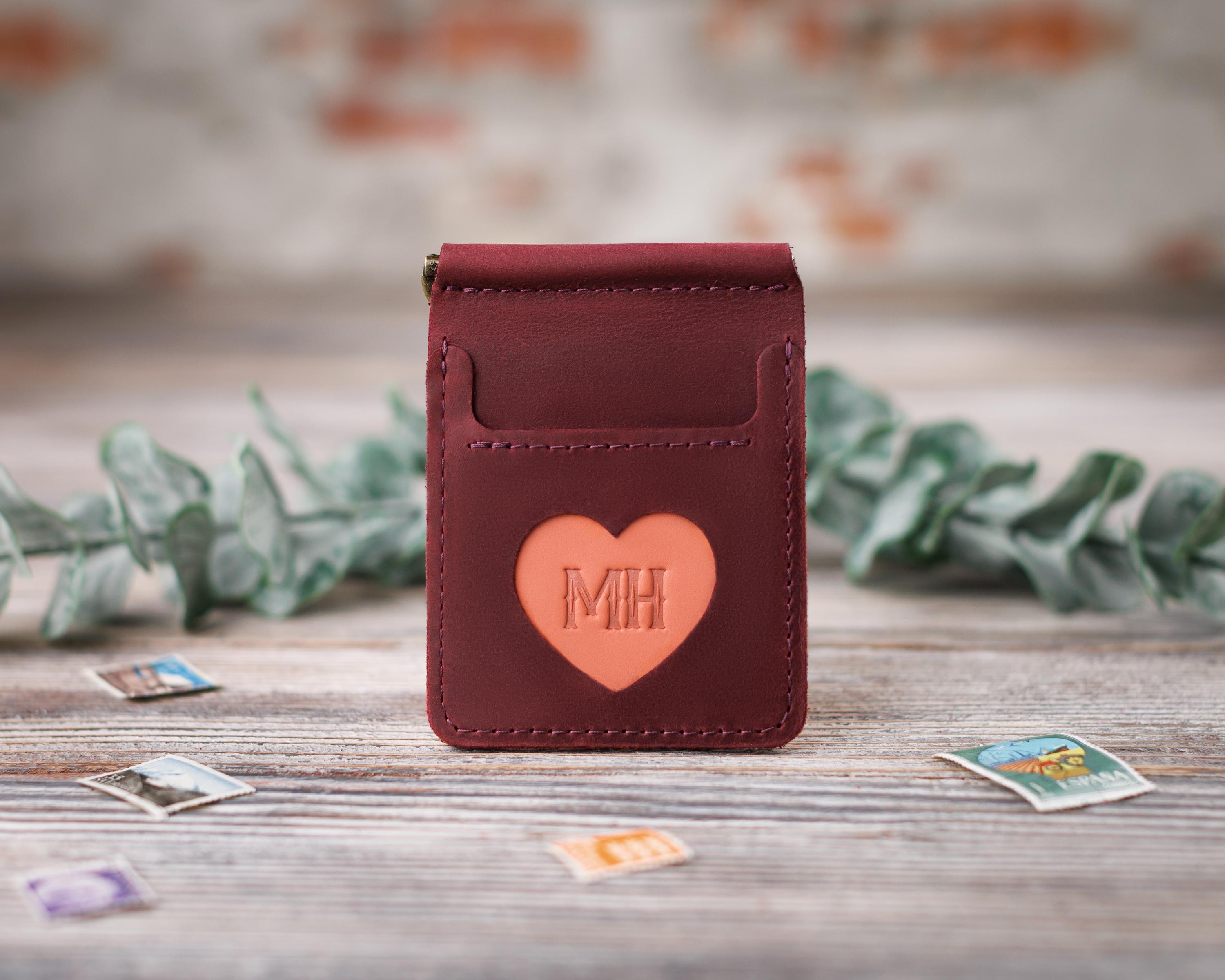 Гаманець жіночий Crazy із затискачем зі шкіри з персоналізацією Бордовий/Кораловий (12917)