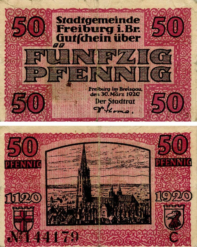 Коллекционная банкнота Германия Нотгельд 50 пфеннигов 1920 F-VF Фрайбург Разновидность 2 (Б18693)