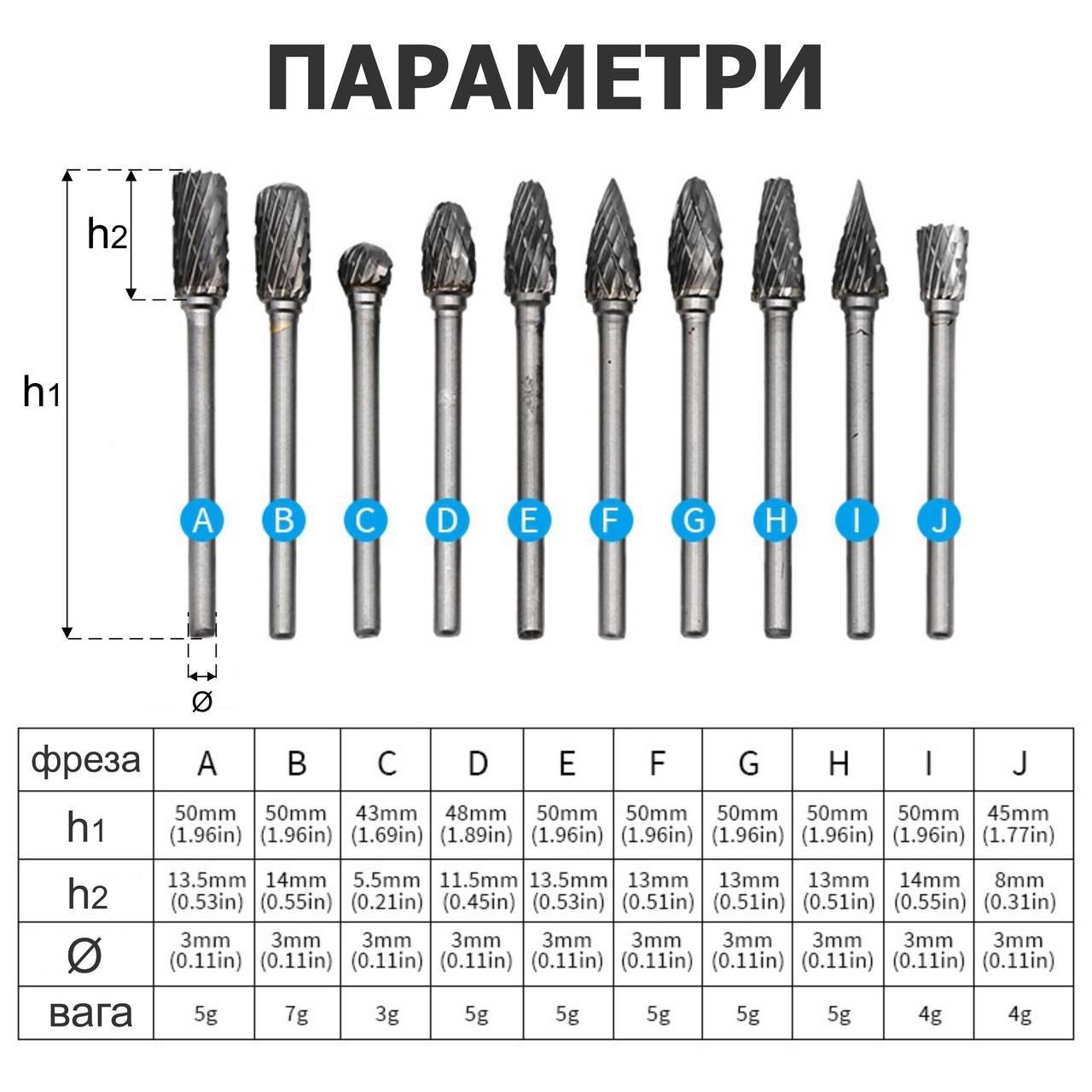 Набір карбід вольфрамових борфрез 10 шт. для граверів/бормашин/Dreme (137504) - фото 6