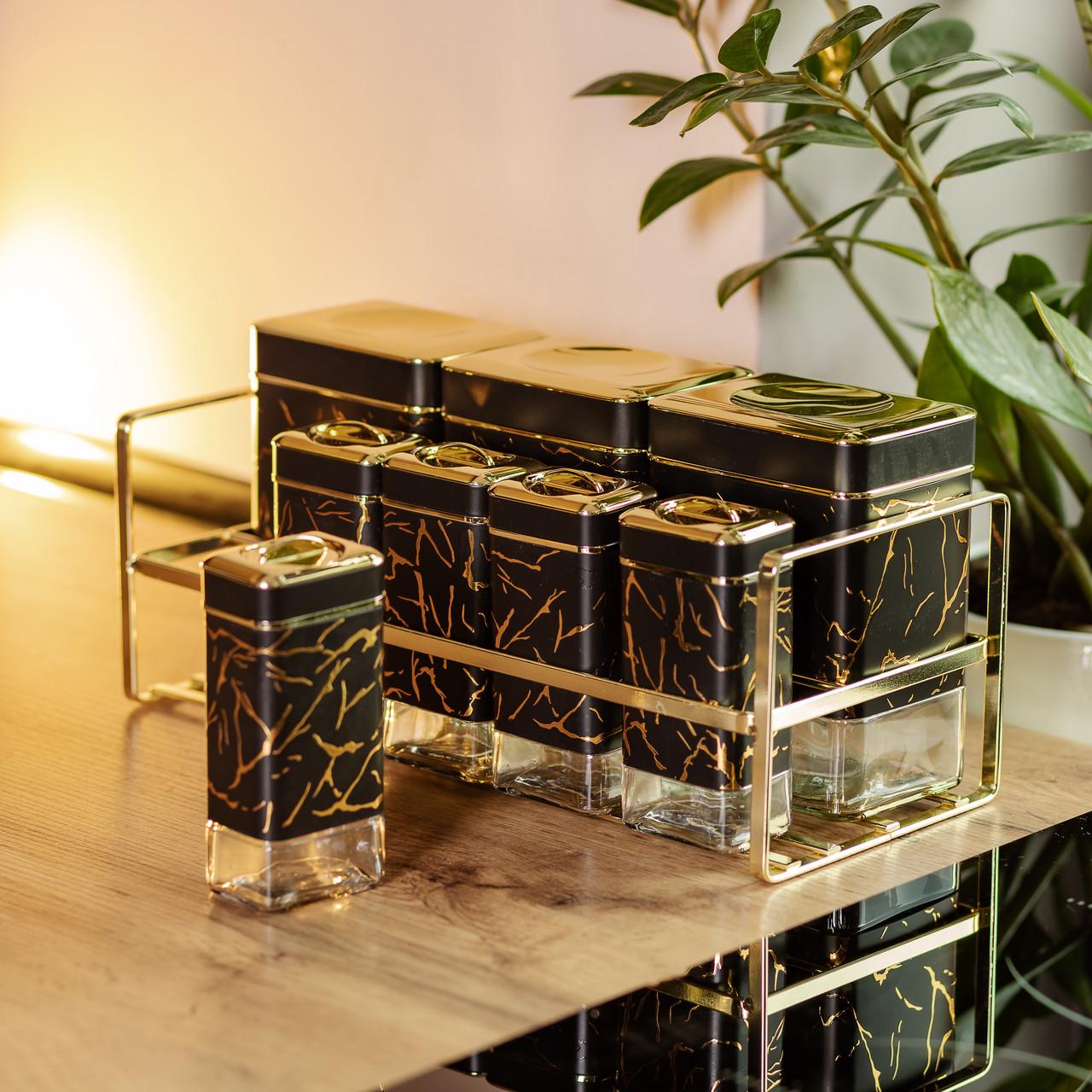 Набір для приправ та спецій на підставці з кришками 8 шт. Чорний (HP-1364) - фото 6 Набір для приправ та спецій на підставці з кришками 8 шт. Чорний (HP-1364) - фото 6