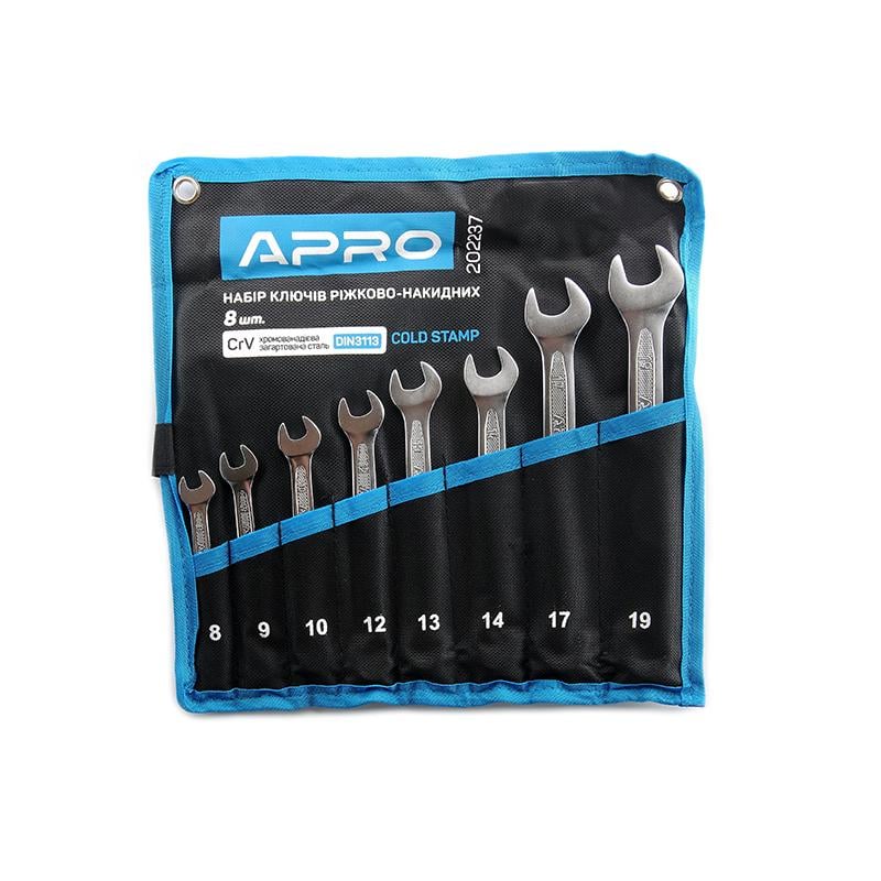 Набір ключів ріжково-накидних Apro CrV 8 шт. 8-10/12-14/17/19 мм (202237)