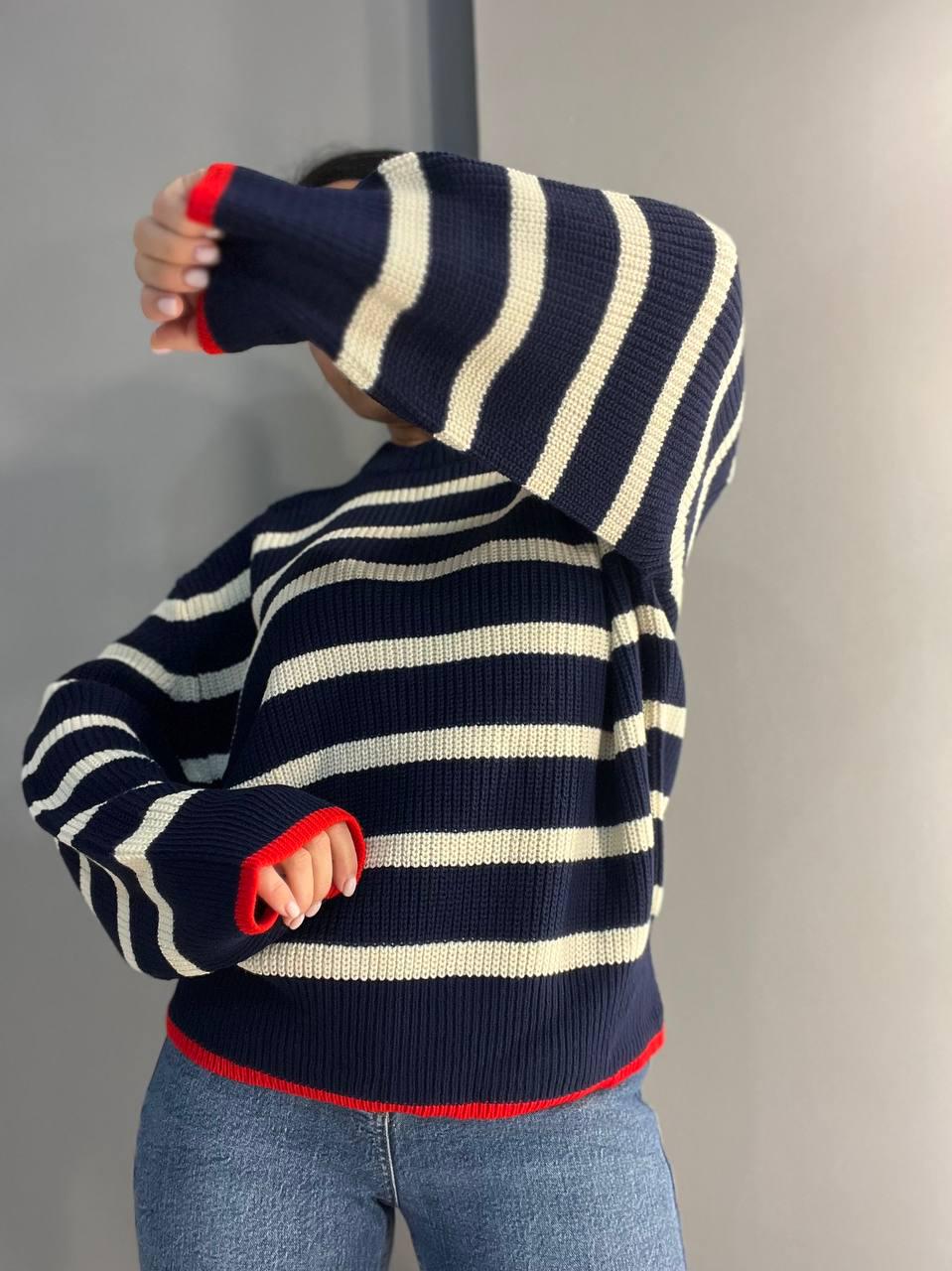 Светр жіночий MIX RAY 6635 смужка подовжений вільний крій OS Темно-синій (1042) - фото 4 Светр жіночий MIX RAY 6635 смужка подовжений вільний крій OS Темно-синій (1042) - фото 4