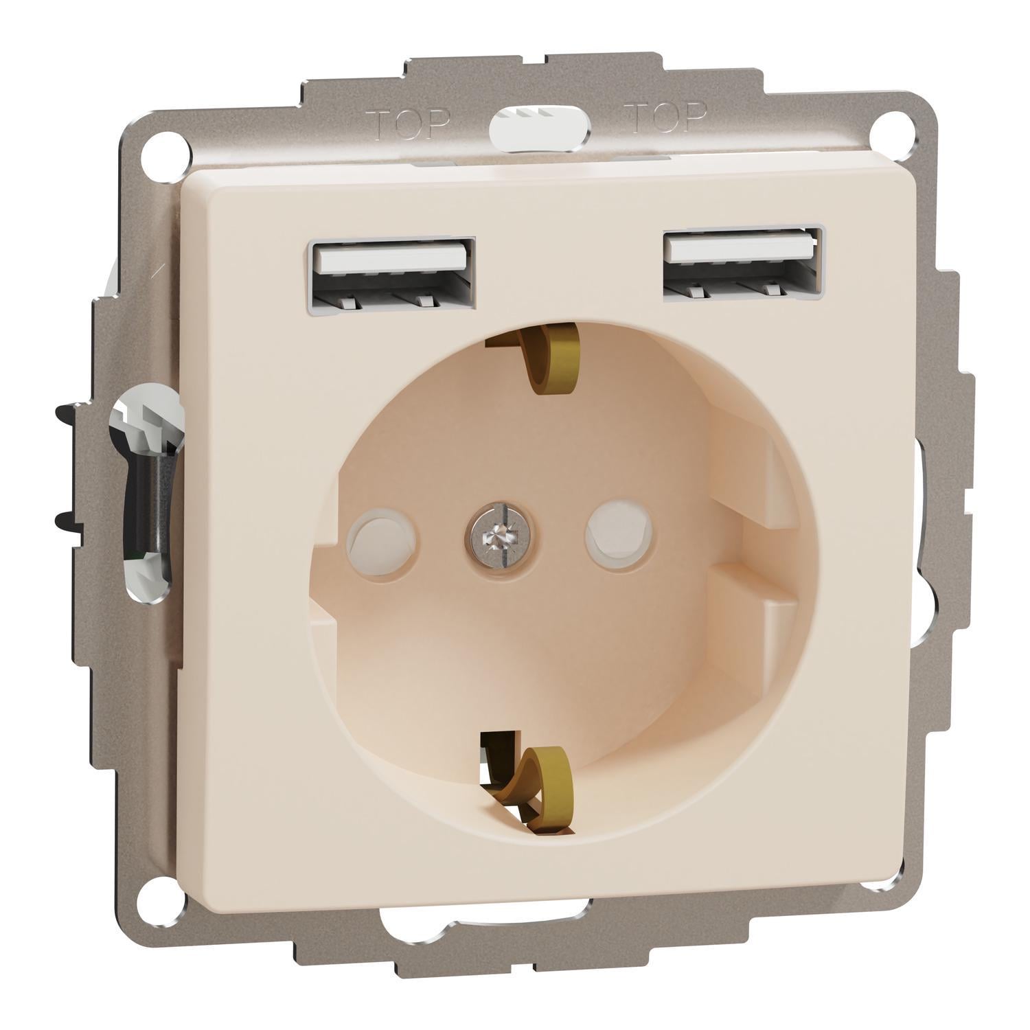Розетка Schneider Electric Sedna Design A+A з USB/заземленням/шторками 2,4A Бежевий (SDD112052)