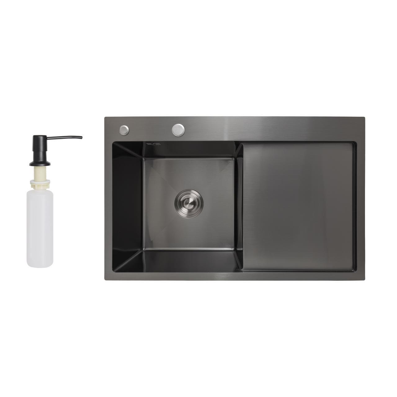 Мийка для кухні інтегрована Lidz Handmade H7849BR крило праворуч Brushed Black (LIDZH7849BRPVD3008)