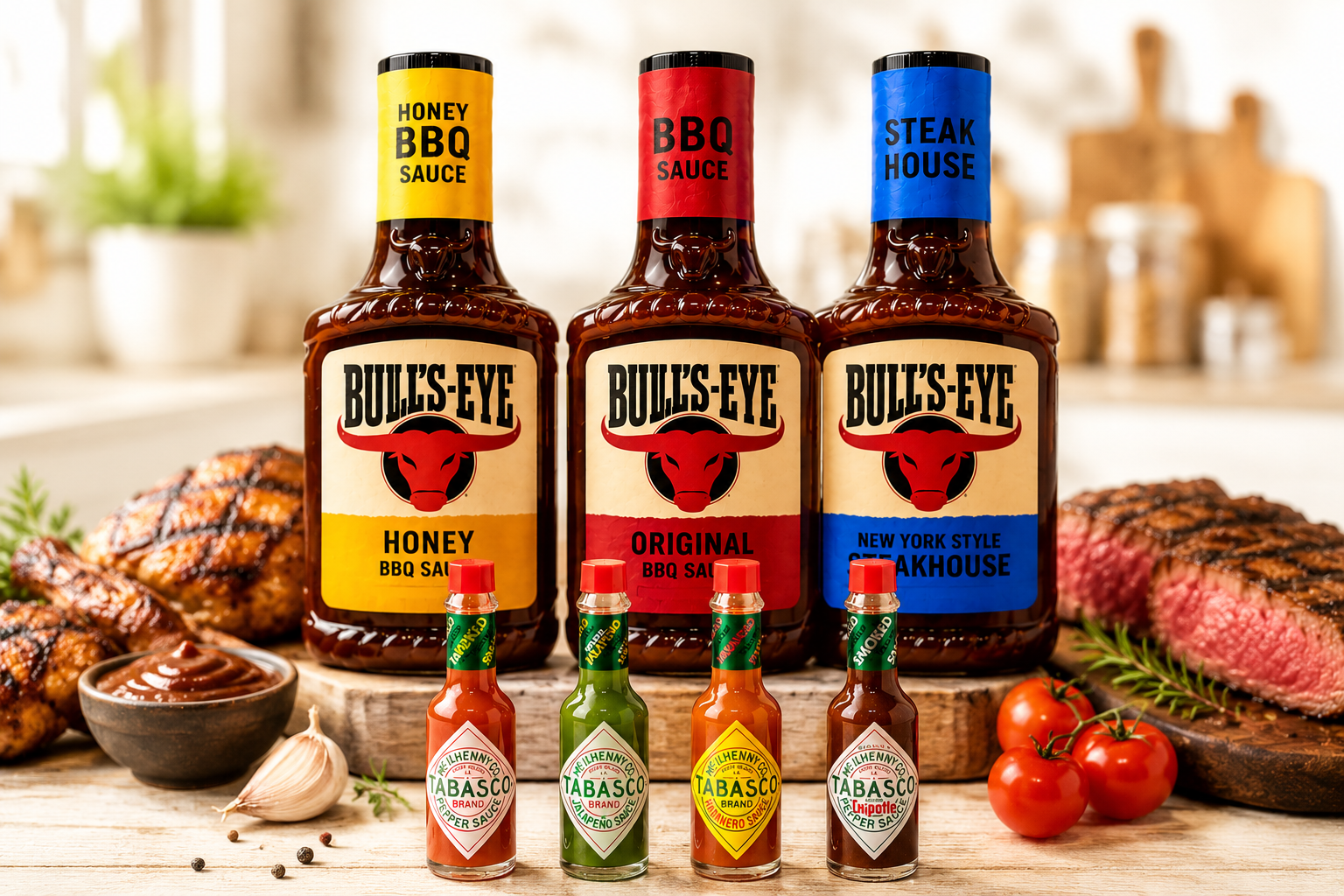 Набор американских соусов Bull's-Eye и Tabasco Оригинальный/Honey/New York Style Steakhouse/Jalapeño/Habanero/Chipotle/Classic Pepper