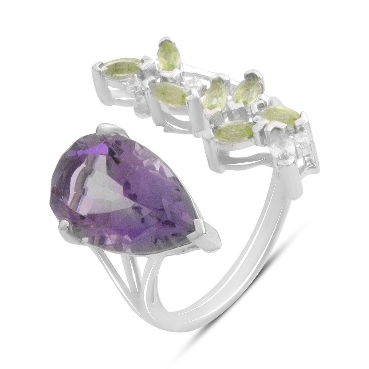 Кольцо серебряное с натуральным аметистом грушевидной формы и вставками хризолита и фианитов р. 17,5 Кольцо серебряное с натуральным аметистом грушевидной формы и вставками хризолита и фианитов р. 17,5