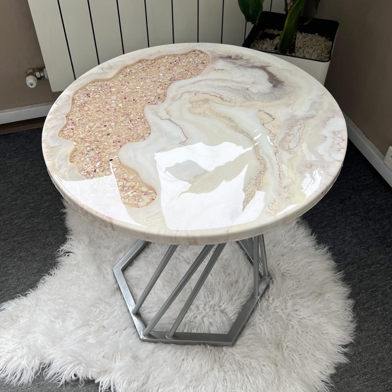 Столик журнальний круглий з епоксидної смоли з перламутром APOLLO-21 90х90 см