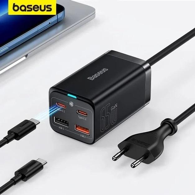 Зарядний пристрій BASEUS GaN3 Pro Desktop Fast Charger QC4.0+PD3.0 65W 2 USB + 2 Type-C 3A з кабелем 100W 20V/5A 1 м (18966031) - фото 2