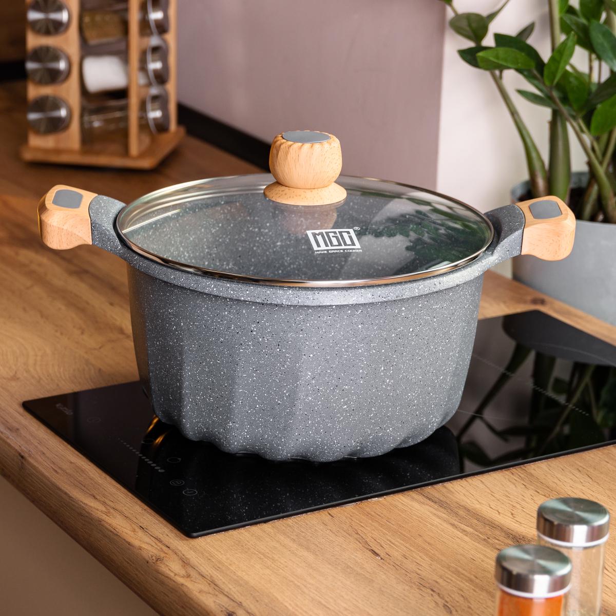 Кастрюля алюминиевая MGC алюминиевая во французском стиле с антипригарным покрытием стеклянная крышка 8 л Серый - фото 2 Кастрюля алюминиевая MGC алюминиевая во французском стиле с антипригарным покрытием стеклянная крышка 8 л Серый - фото 2