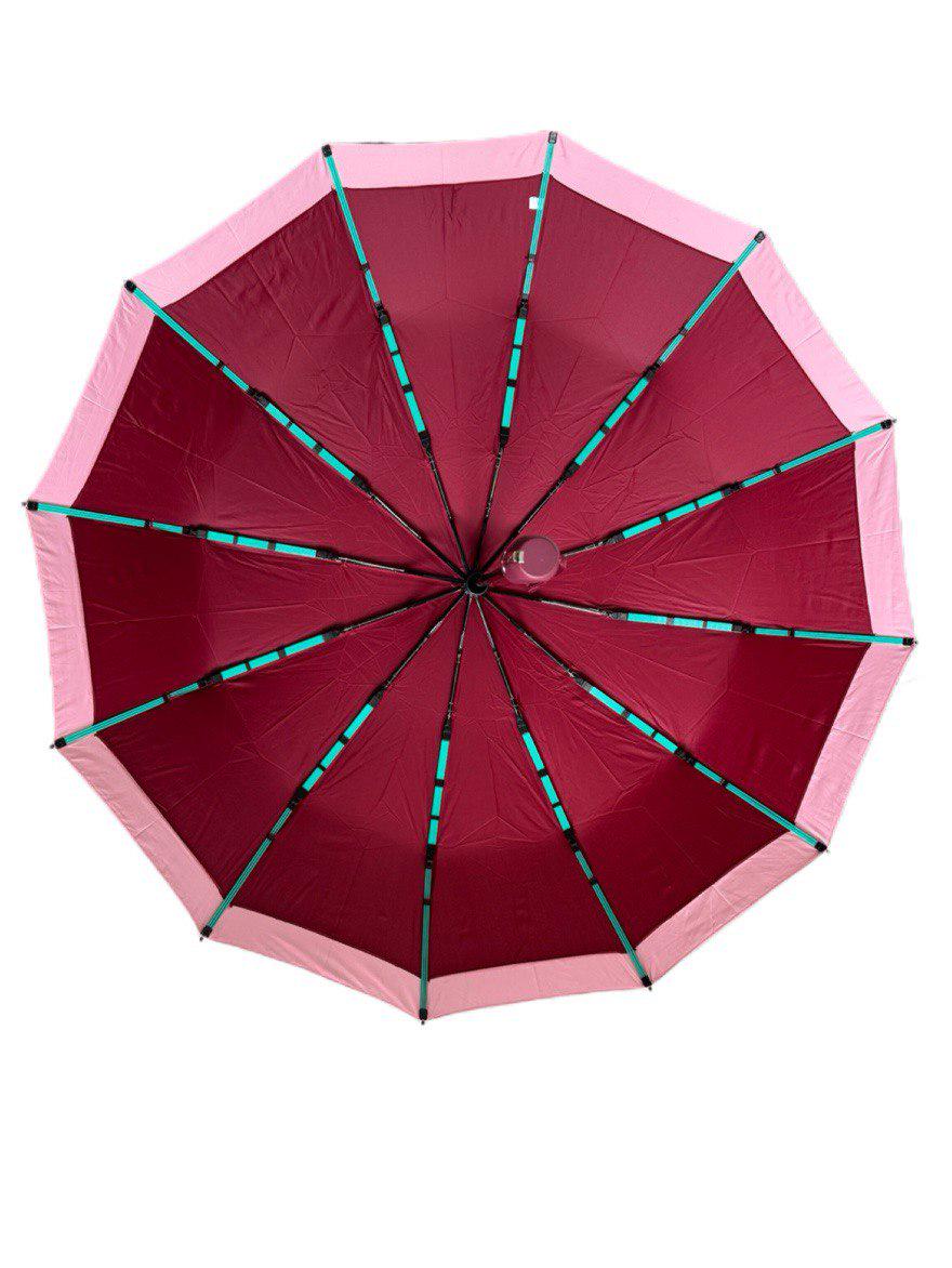 Зонтик автоматический женский Bellissimo 12 спиц 6 сегментов Бордовый с розовой каймой (654) - фото 3