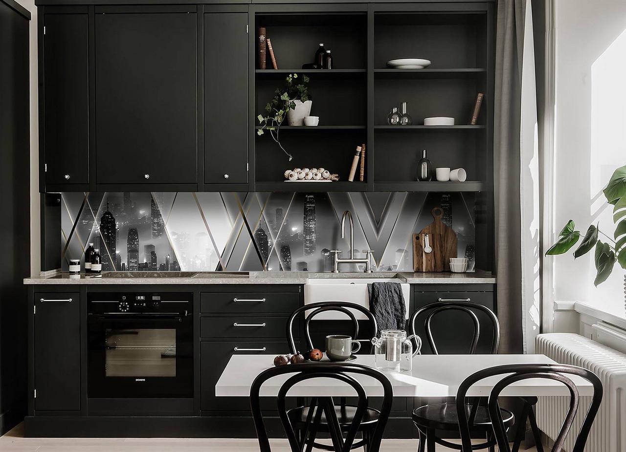 Кухонный фартук Город в тумане из самоклеющейся виниловой пленки 65х250 см Серый