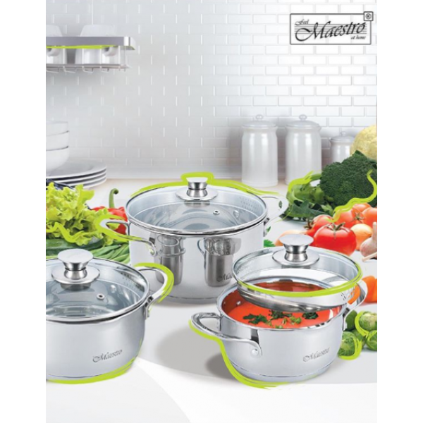 Набор посуды Maestro из нержавеющей стали со стеклянными крышками 6 пр. (b1e1d7c6) - фото 2