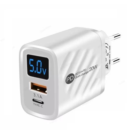 Зарядний пристрій 20W на 2 порти 1-USB, 1-PD з екраном White