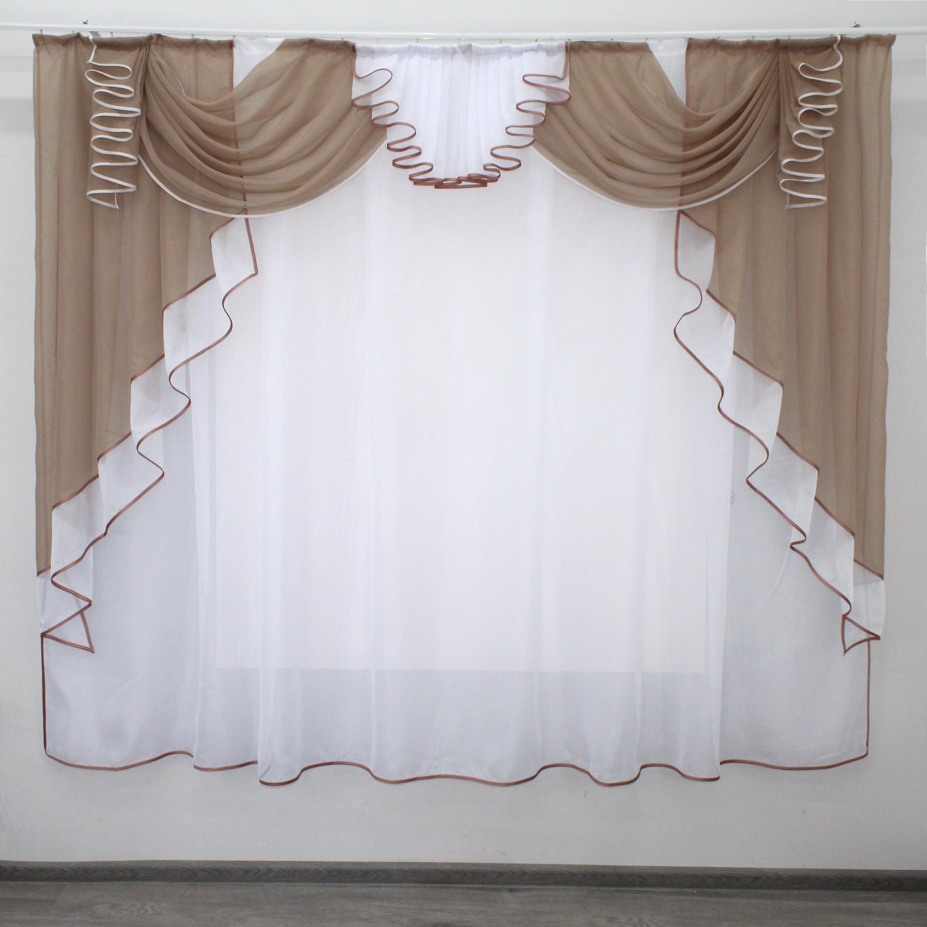 Ламбрекен кухонный VR-Textil № 107к из тюли 200х170 см Какао/Белый (52-0393)
