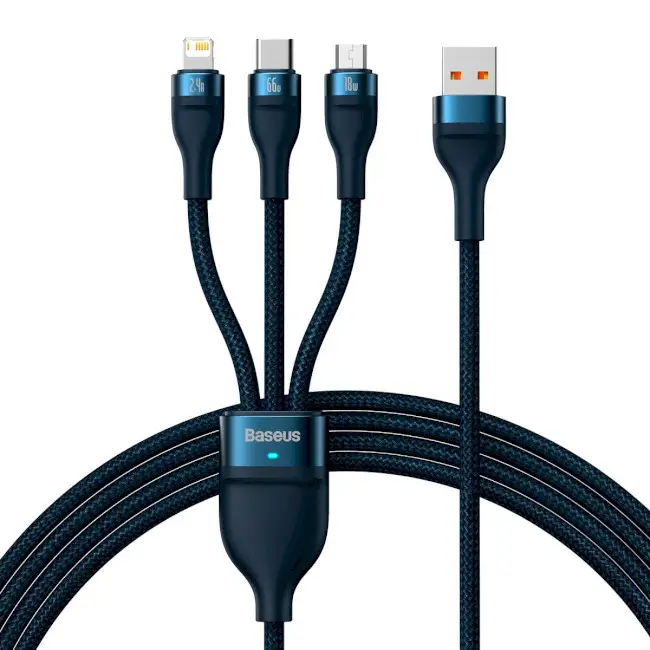 Кабель BASEUS Flash Series II 3в1 Cable USB to MicroUSB/Lightning/Type-C CASS040003 66W 1,2 м Blue - фото 1