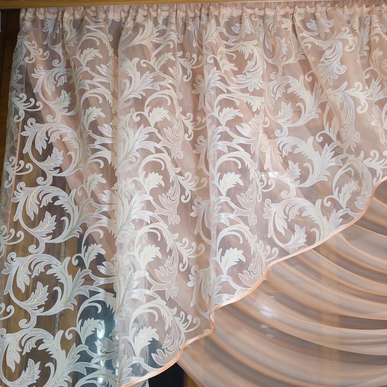 Фіранка готова коротка Камелія вензель права Персиковий/Кремовий - фото 4 Фіранка готова коротка Камелія вензель права Персиковий/Кремовий - фото 4