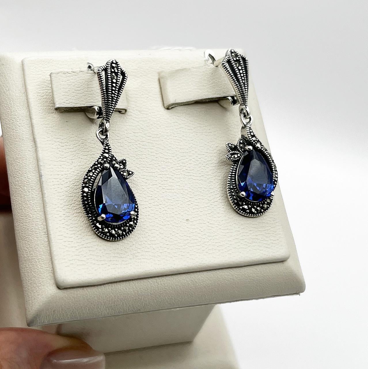 Серебряные серьги с сапфиром и марказитом 7,88 г (2656727300)
