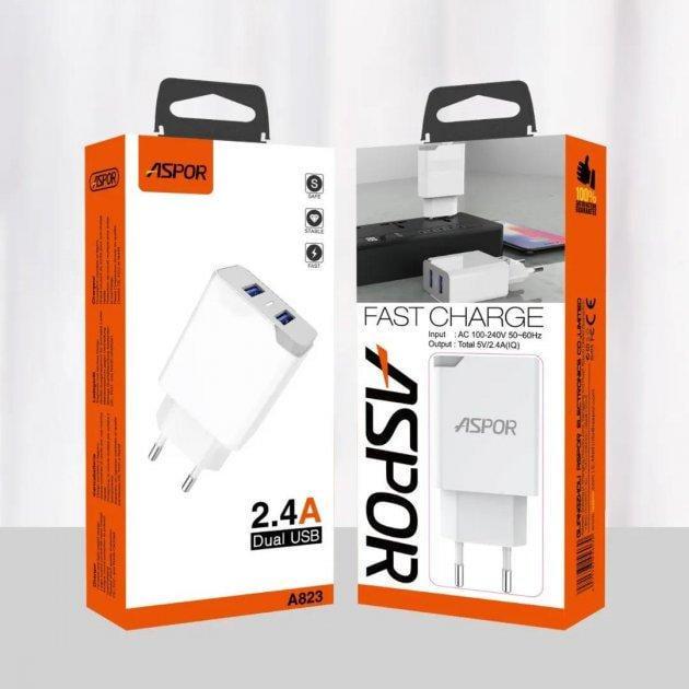 Зарядний пристрій мережевий Aspor A823 2USB/2,4A з USB-кабелем Lightning Білий (1858272816) - фото 2 Зарядний пристрій мережевий Aspor A823 2USB/2,4A з USB-кабелем Lightning Білий (1858272816) - фото 2